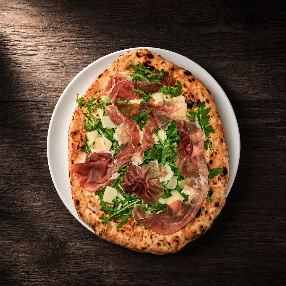 Pizza Bianca con Rucola, Crudo e Parmigiano